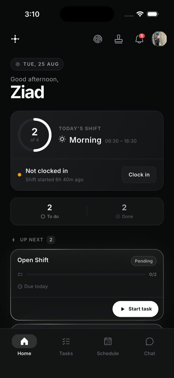 OpsHub employee home with today’s shift and clock-in.