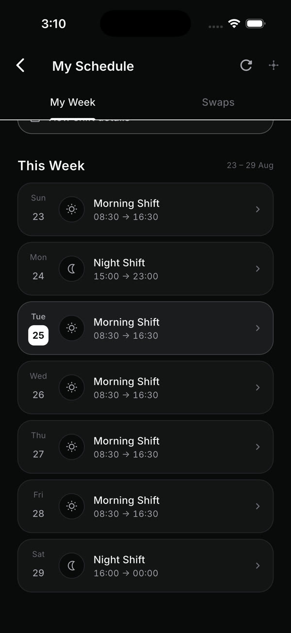 My schedule: the week’s shifts, with swaps.
