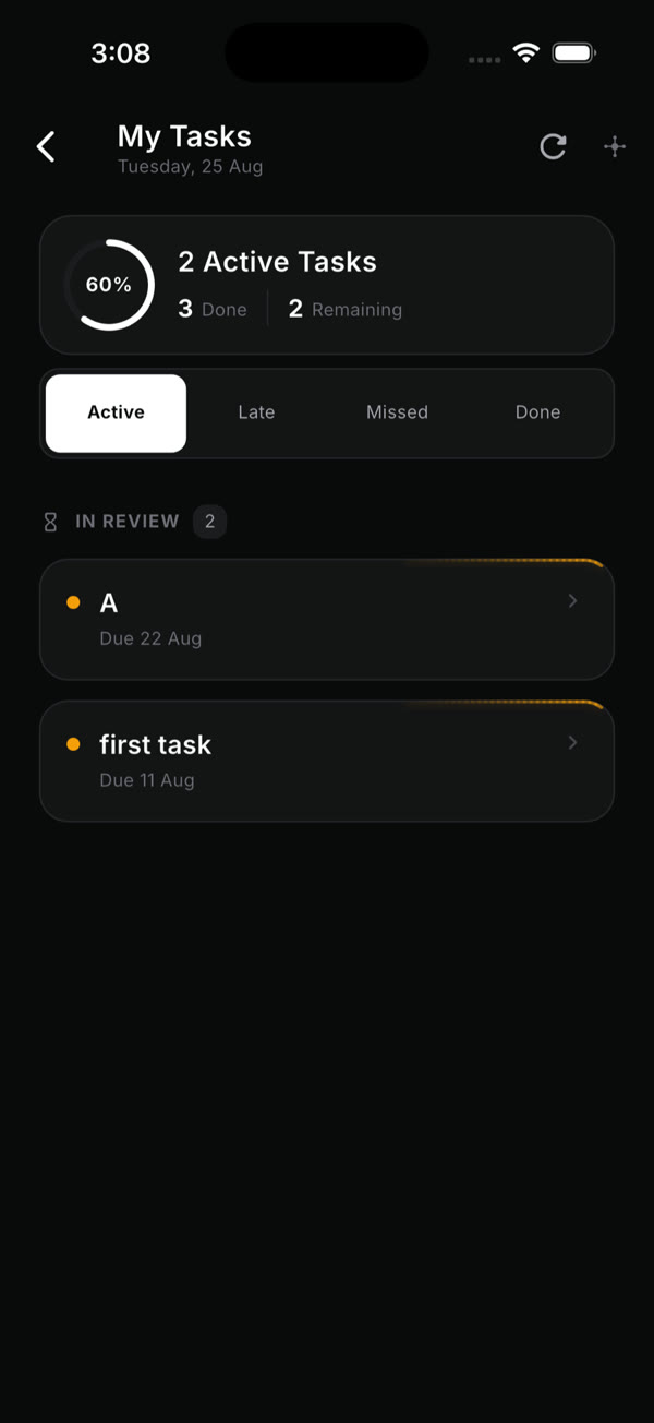 My tasks: what is active, late, missed and done.