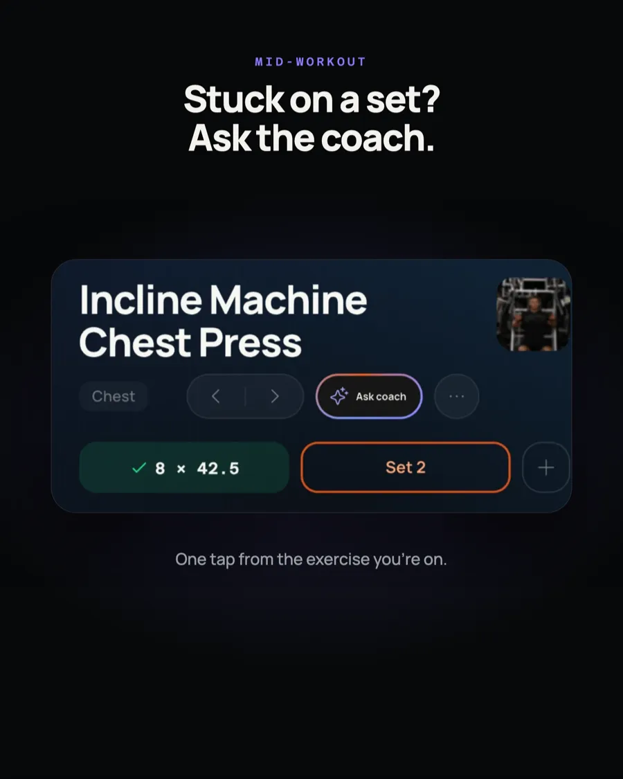 Mid-workout: “Ask coach” is one tap from the exercise you are on.