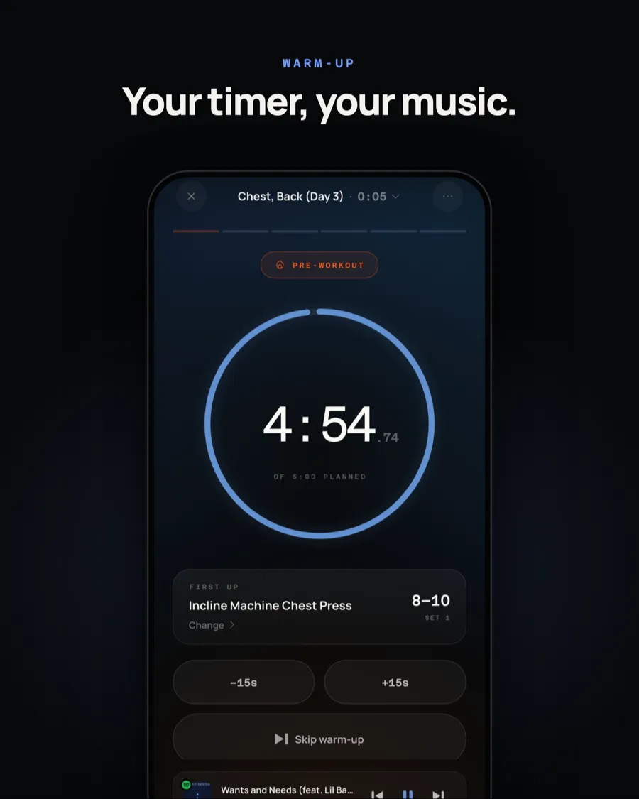 Warm-up: a pre-workout timer with the first exercise and music controls.